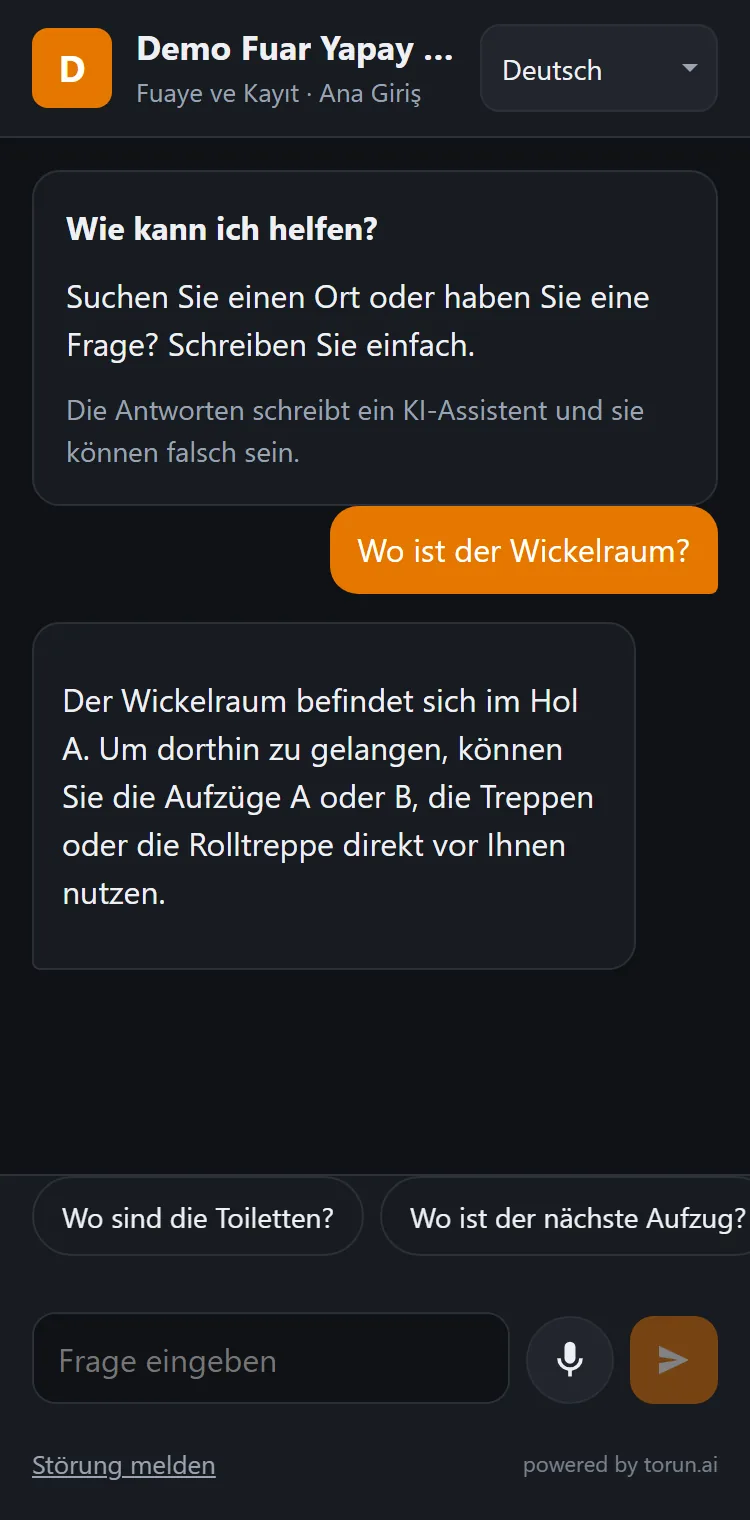 A phone showing an exhibition center's AI assistant page with a question and its answer